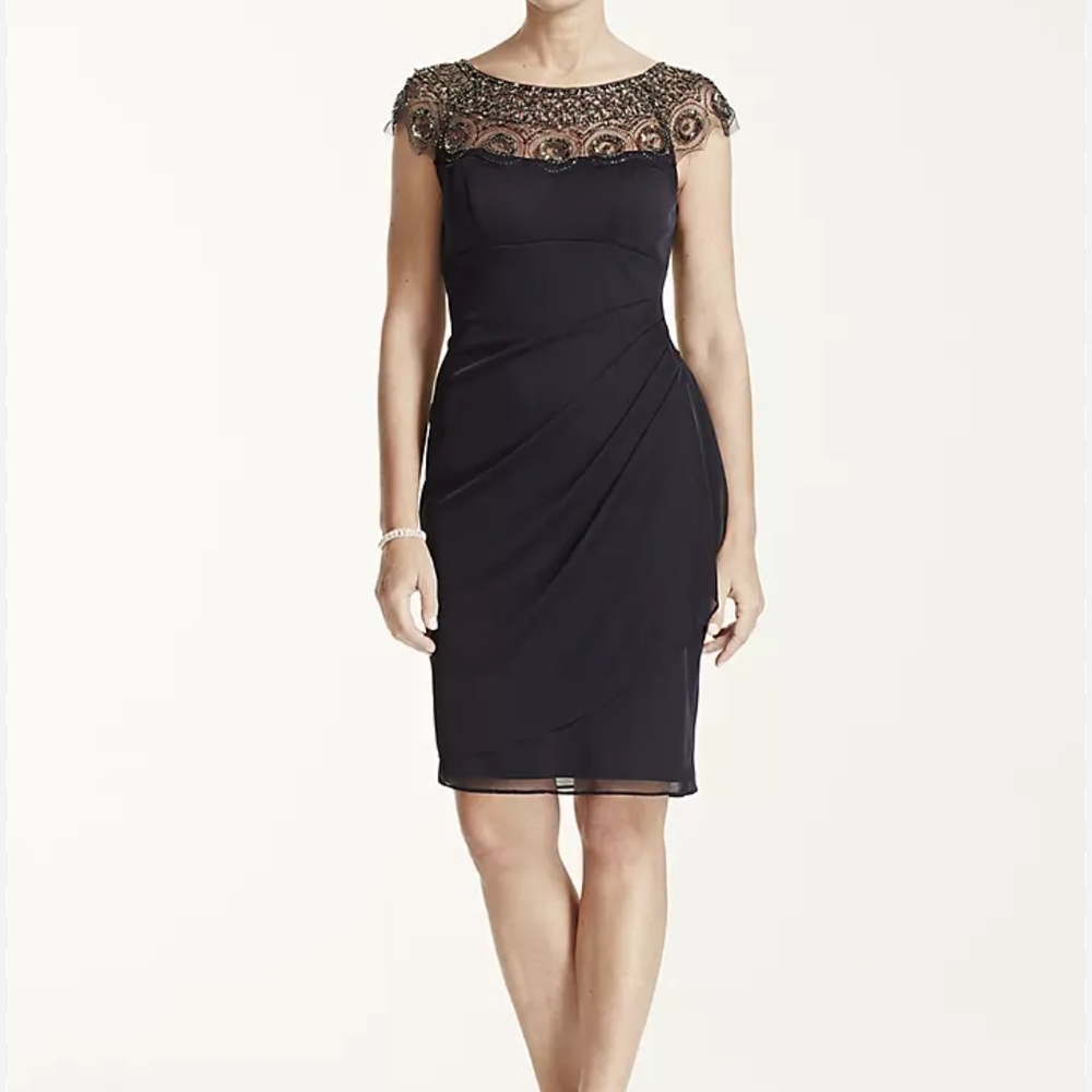 Xscape Gold and Gray Embellished Ruched Sheath Dress